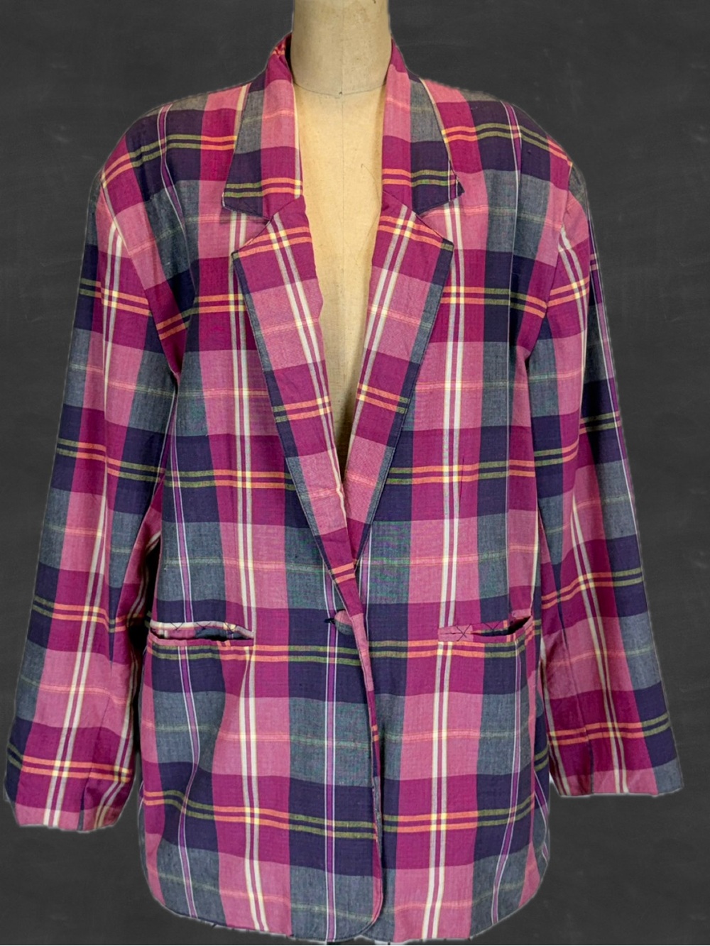 VINTAGE plaid 100% cotton womens blazer suit jacket bright candy tartan plus 2X